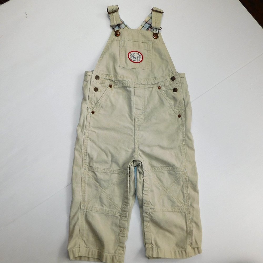 Gymboree Toddler Beige Overalls Bulldog Patch plaid lined Boys 2T